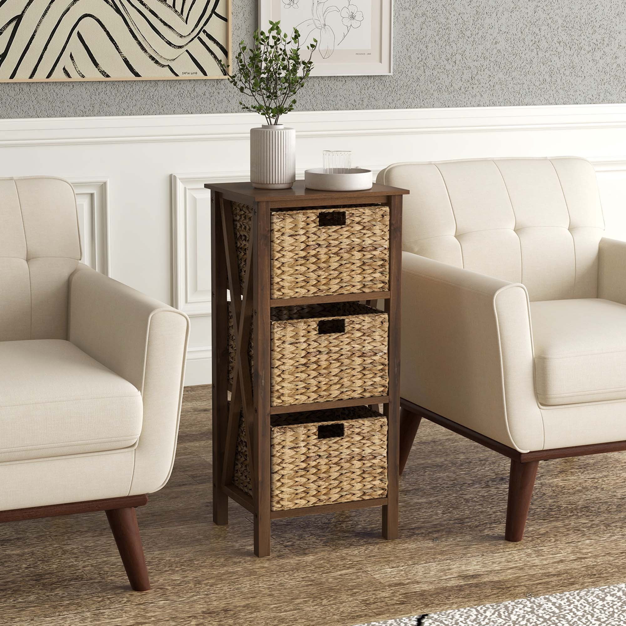 Costway 2 PCS 3-Tier Nightstand with 3 Seagrass Baskets Rubber Wood X-Shaped Frames 3 Drawers