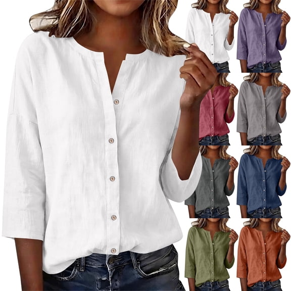 Only Moment Button Down Shirts for Women 3/4 Sleeve V Neck Linen Casual Loose Long Sleeve Solid Lapel Long Blouses Tops with Pockets Hot Pink,S