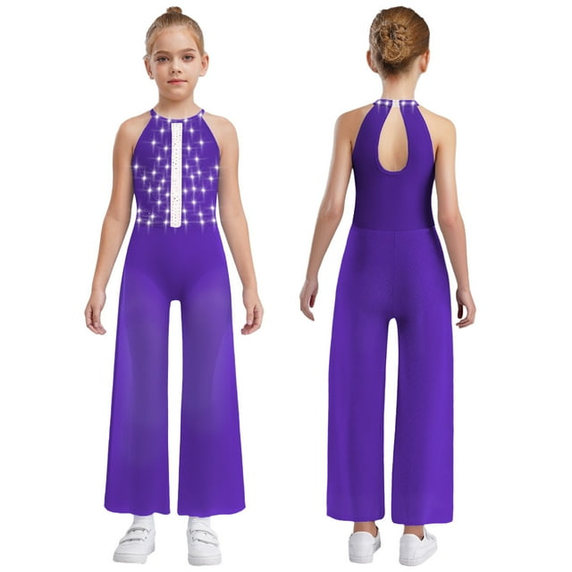 RUNQHUI Petites Filles Robes de Danse Formelles Sans Manches Combinaison Décontractée Jambes Larges avec Culottes Intégrées Violet 14