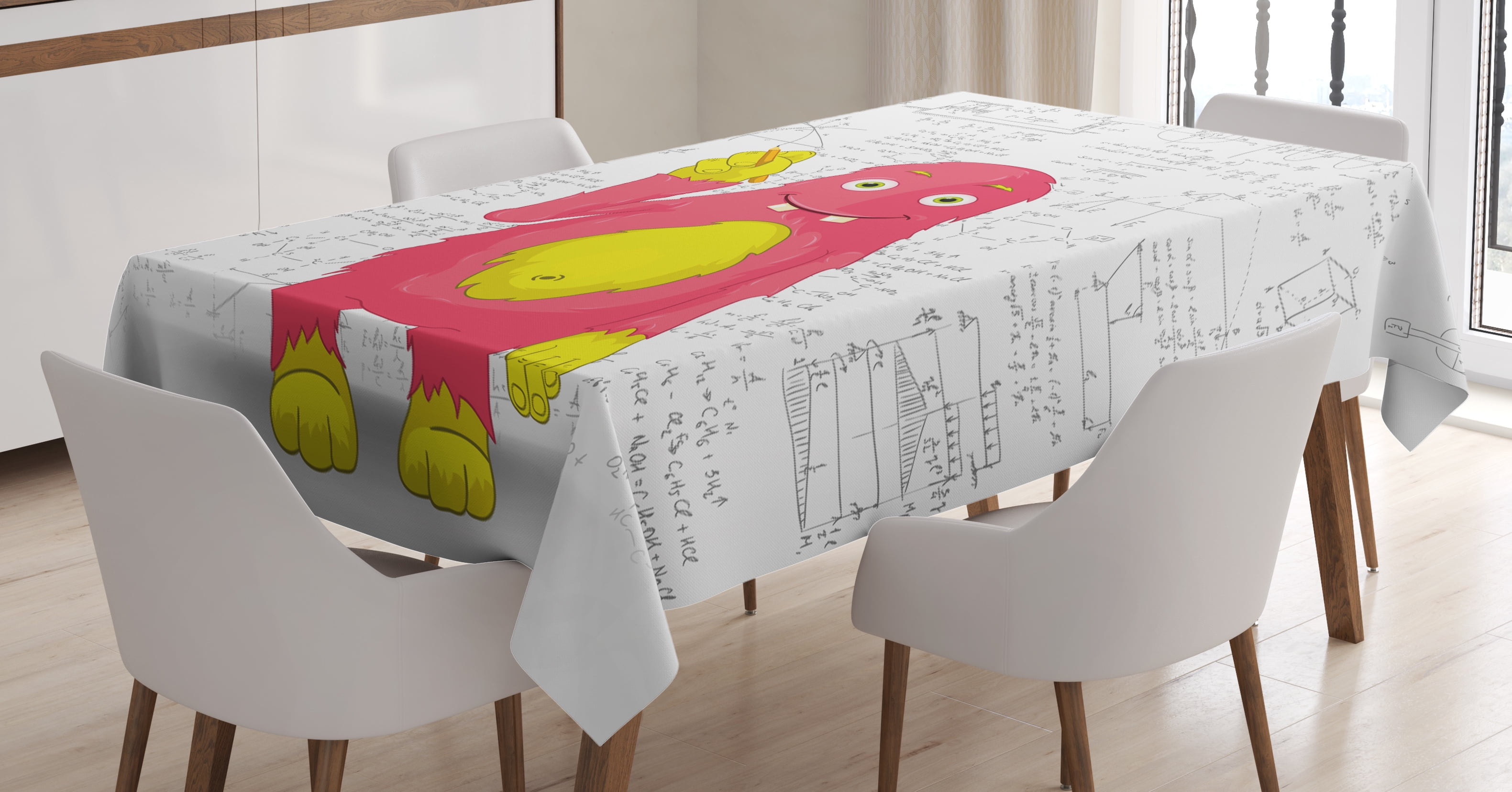 Kids Decor Tablecloth Funny Smart Monster Doing Math On Wall Science Nerds Comic Illustration Rectangular Table Cover For Dining Room Kitchen 52 X