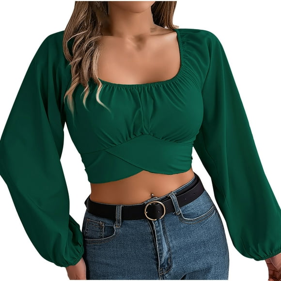 cfhntfmh Going out Tops for Women Fashion Lantern Long Sleeve Slim Cropped Shirts Square Neck Back Knot Fall Shirts