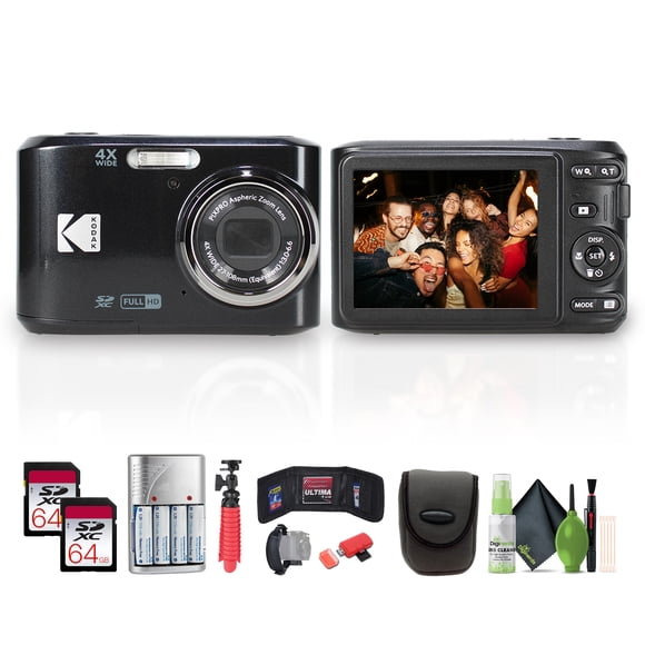 Kodak Pixpro FZ45 Digital Camera (Black) Bundle Including: 2x 64 GB Memory Card, Rechargeable Batteries, Camera Case, Flexible Tripod, Card Reader, Card Wallet, Hand Strap, Full Cleaning Kit