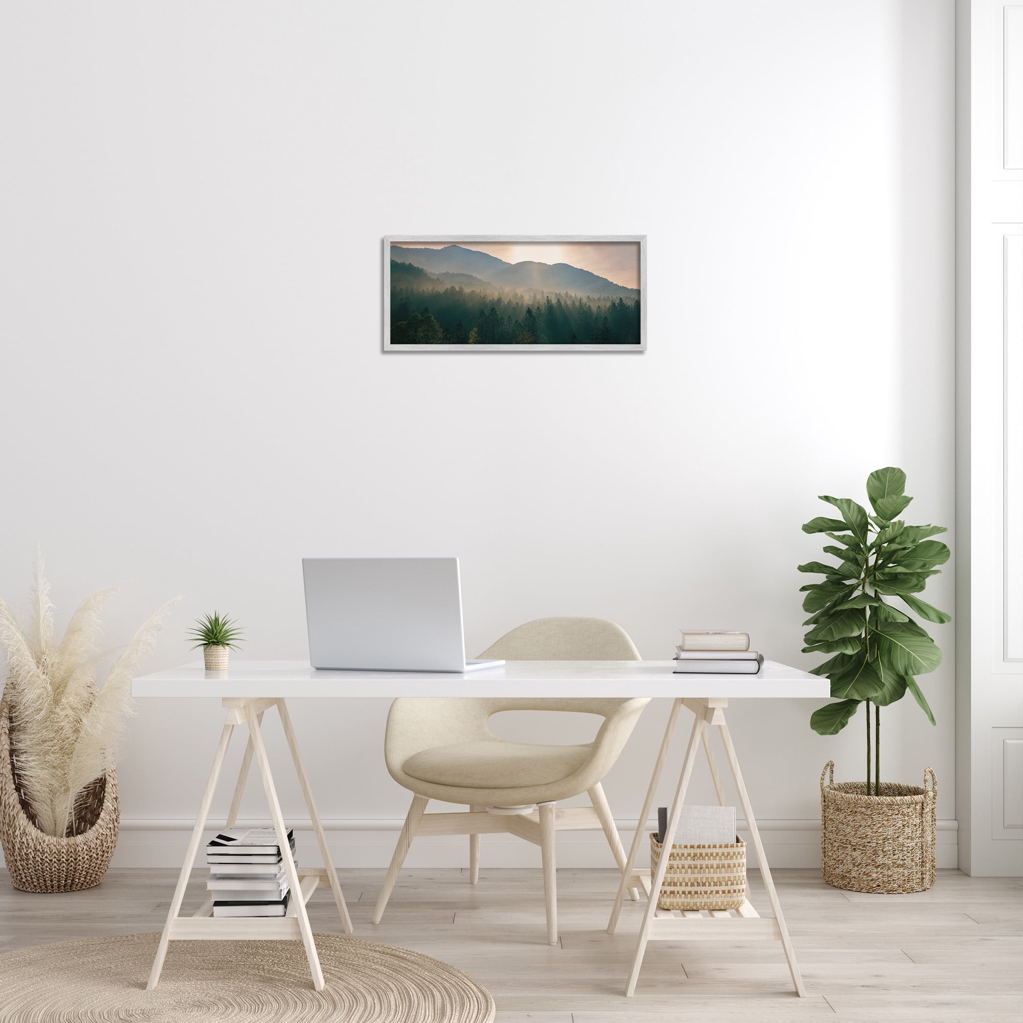 Stupell Industries Morning Sun over Misty Trees Landscape Photography Gray Framed Art Print Wall Art, 24 x 10