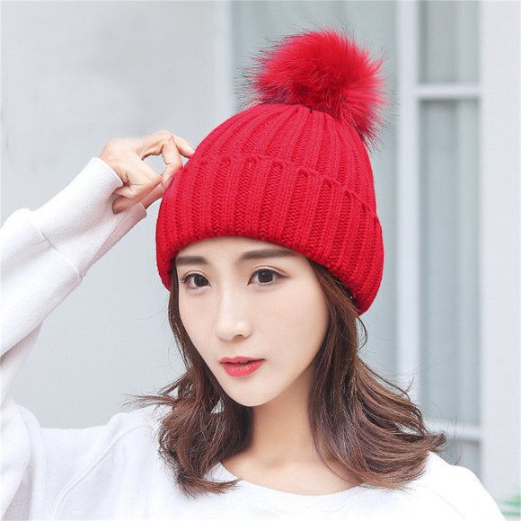 Women Winter Hats Thick Cable Women Hat Warm Fleece Lined Knitted Soft Cap Bomber Hats beanies hats Red