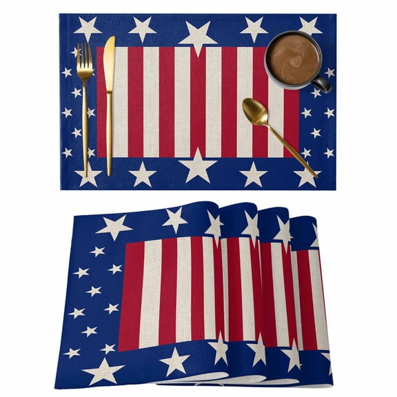 USA Flag Placemats Set of 2, 4th of July Stars Blue White Red Stripe Retro Non-Slip Place Mats Washable Table Mats for Kitchen Dining Table Decorations Indoor/Outdoor