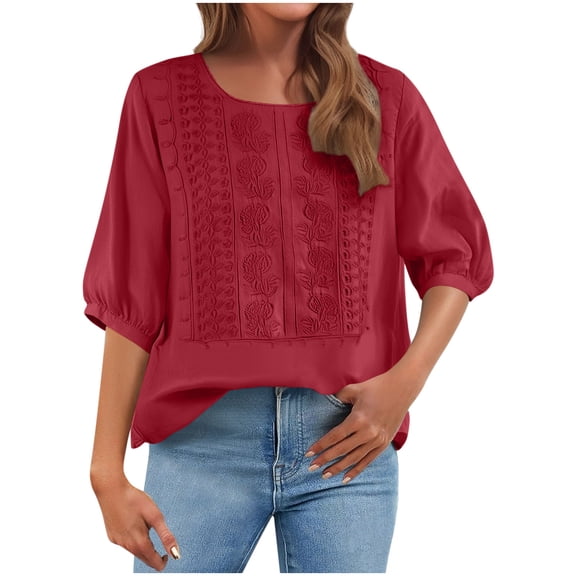 Cotton Linen Shirts for Women Trendy Retro Embroidered 3/4 Sleeve Boho Blouse Dressy Casual Bohemian Tops Loose Tunics Women Linen Tops