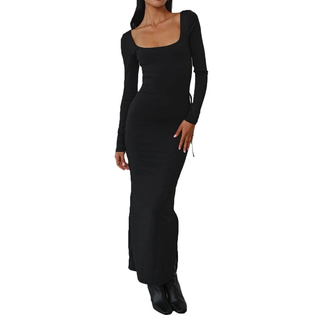xiaxaixu Robe Longue d'Automne pour Femmes Soirée Noire Manches Longues Col Carré Dos Ouvert Robe de Fête