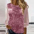 thumbnail image 2 of LWavelet Crew Neck Sequin Blouse Womens Plus Size 3/4 Puff Sleeve Asymmetric Hem Loose Fit Top Pink XL, 2 of 7