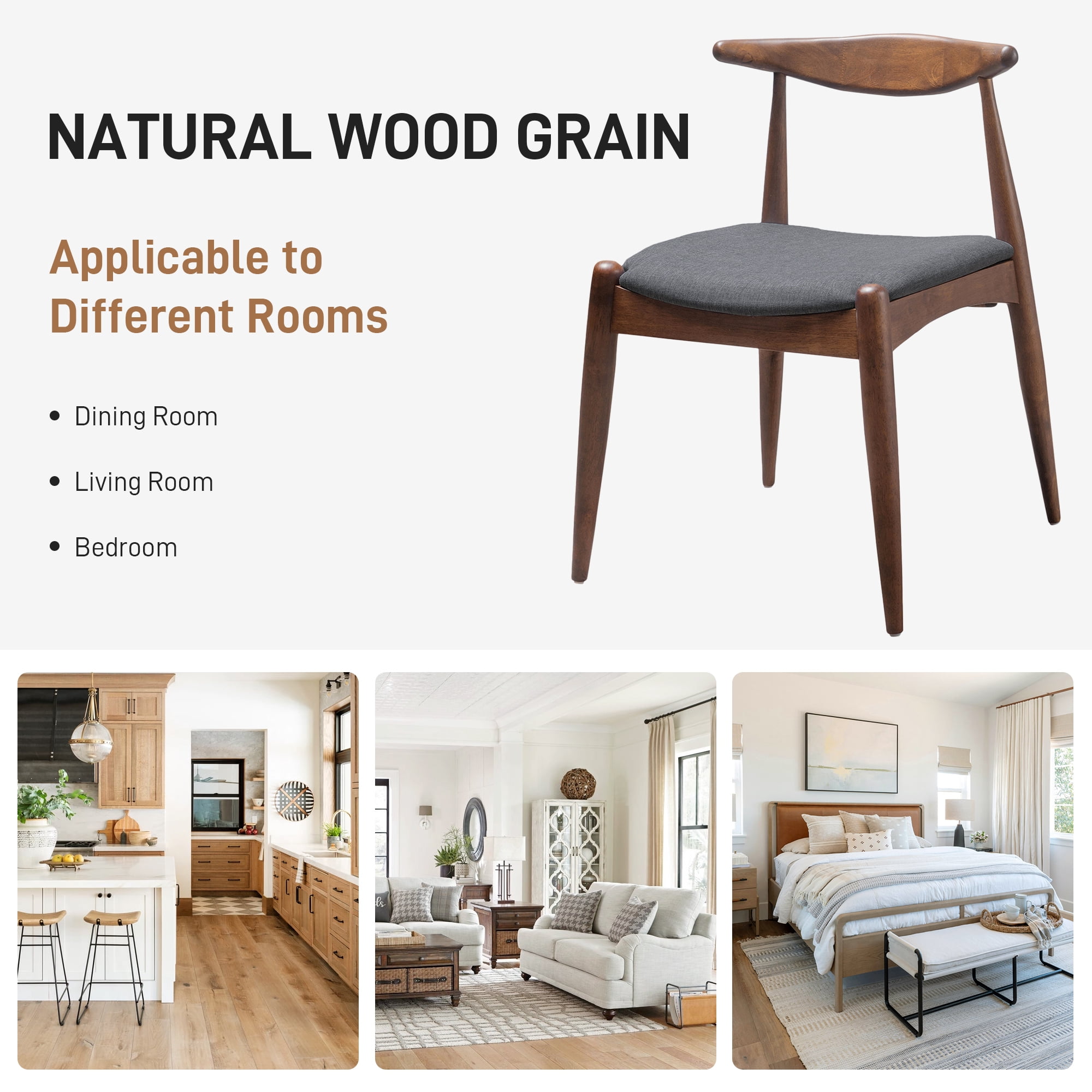 Euroco Dining Chairs Set of 2, Solid Wood Farmhouse Dining Room Chair with Ergonomic Backrest & Cushion for Kitchen,Walnut+Charcoal