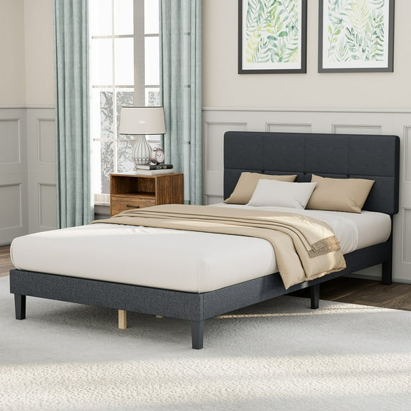 CONCETTA Twin Size Bed Frame, 800LBS Wooden Slats Support, Fabric Upholstered Platform Bed with Adjustable Headboard and No Box Spring Needed, Dark Grey