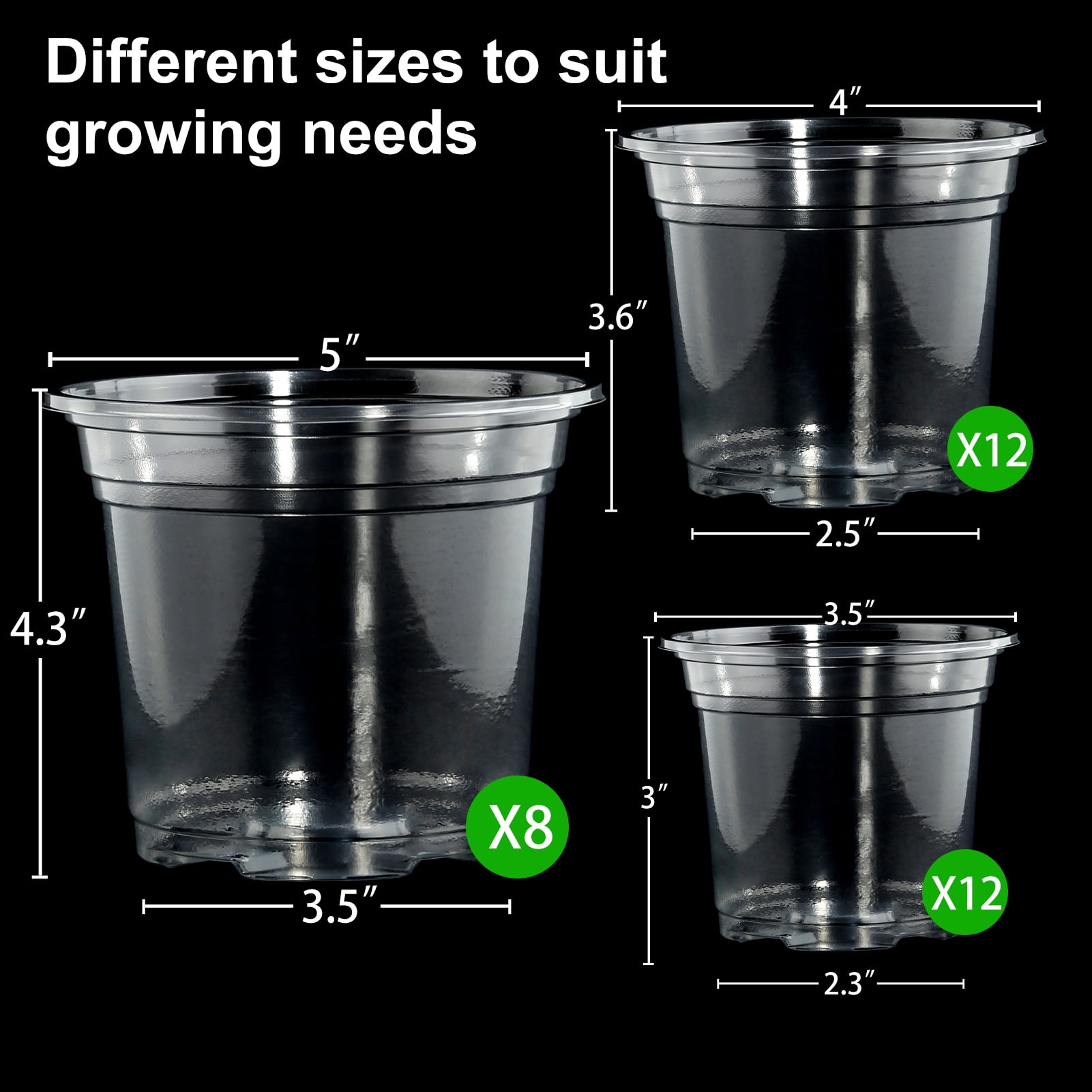 Fabulas Clear Nursery Pots Variety Pack, 32 Pack 5/4/3.5 inch Seedling Pot, Reinforced Plastic Planting Pot, Seed Starting Pot with Drainage Holes for Plants