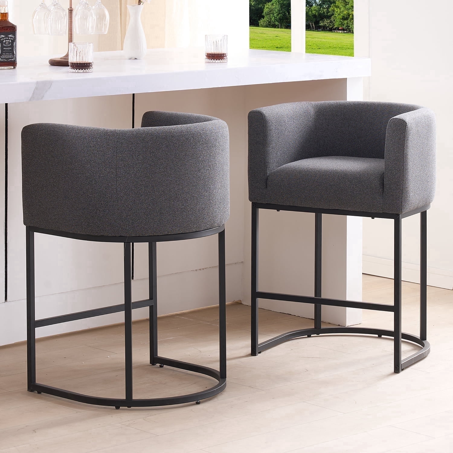 FANCROU 26" H Counter Height Bar Stools Set of 2, Fabric Barrel Stools with Back and Arms, Darkgray-Black Leg