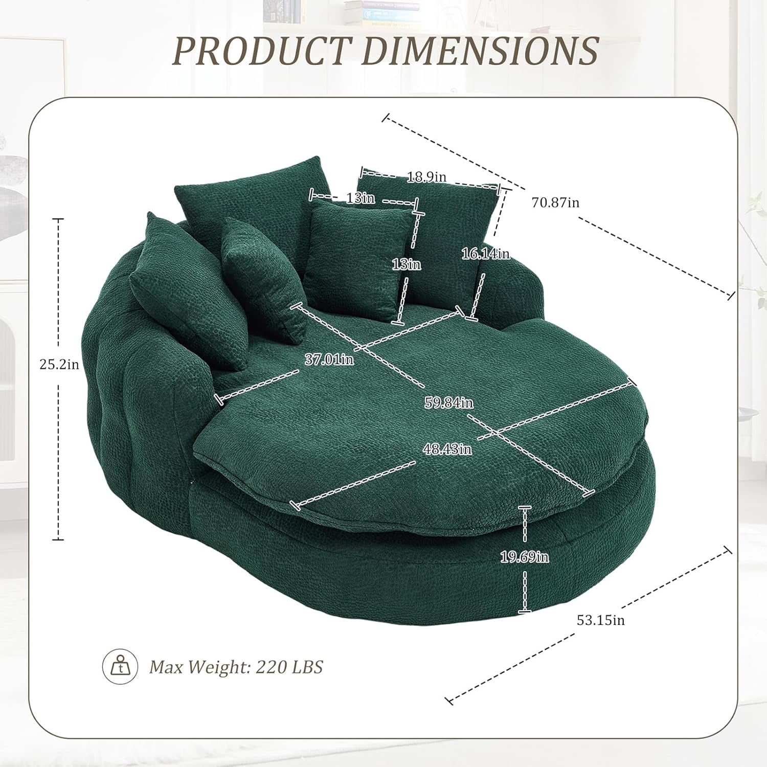 AENKYO Oversized Chenille Bean Bag Sofa with 5 Pillows, Oval Lazy Floor Sofa with Wraparound Backrest for Adults-Green