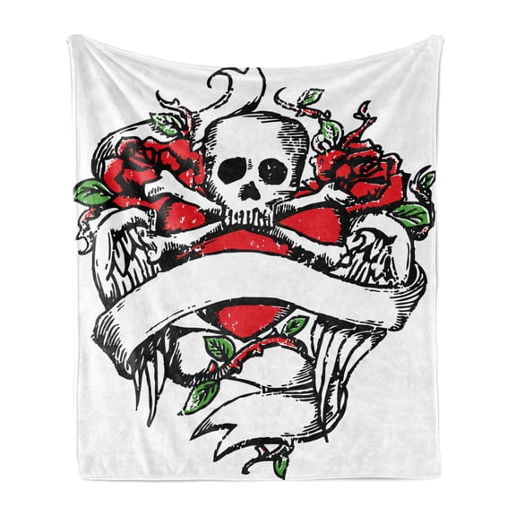 Rose Soft Flannel Fleece Throw Blanket, Sketchy Revival Skull Big Red Heart Crossed Bones Wings and Leaves, Cozy Plush for Indoor and Outdoor Use, 70" x 90", Black Vermilion Green, by Ambesonne