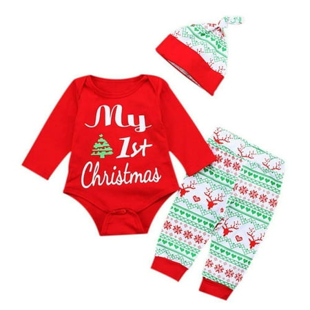 

Christmas Outfit Set Baby Boy Girl Striped Bodysuit with Hat