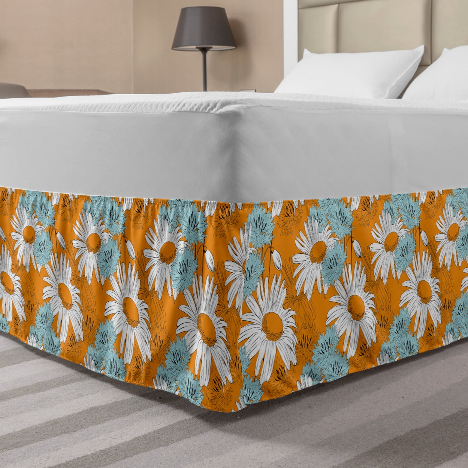 Orange Bed Skirt, Blooming Spring Daisies on Orange Backdrop Romantic