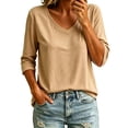 thumbnail image 2 of Brown Shirts for Womens 3/4 Sleeve Fall Slim Fit Basic Shirt Layer for Office, 2 of 6