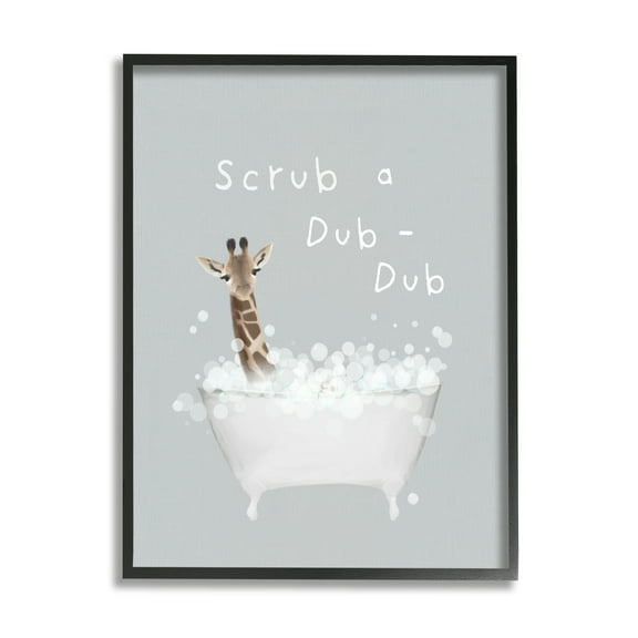 Stupell Industries Scrub-a-Dub Giraffe Tub Animals & Insects Painting Black Framed Art Print Wall Art, 11 x 14