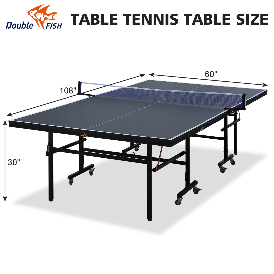 Double Fish 9 Foot Folding Table Tennis Table With 2 Paddles 3 Balls And Net Set Rollable Design With 8 Wheels For Easy Transport And Storage