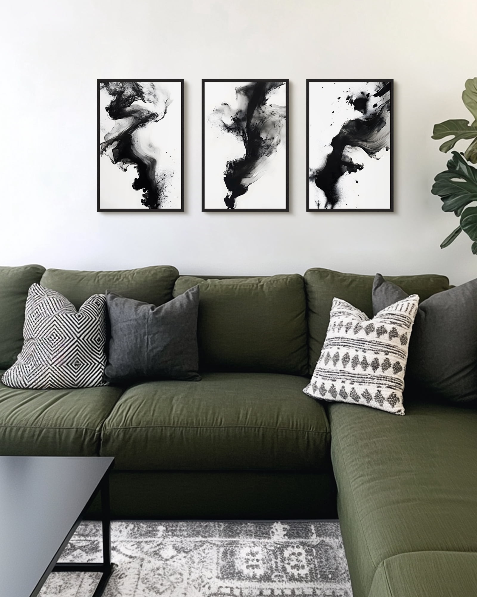 SHENIFY Black White Abstract Canvas Wall Art 16x24in3pcs Black Framed Ink Wash Pastel Wall Decor Modern Rendering Illustration Art Painting for Dining Room Bedroom