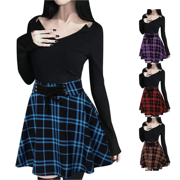 XIAONU Plaid Print Skirt For Women High Waist Lace Up Flared A Line Mini Skirt