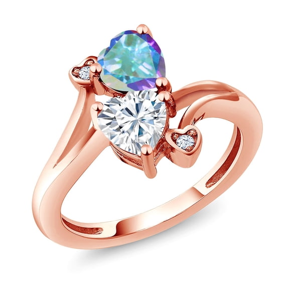 Gem Stone King 18K Rose Gold Plated Silver Mercury Mist Mystic Topaz White Moissanite Ring for Women (1.83 Cttw, Heart Shape 6MM, Gemstone Birthstone, Size 5)