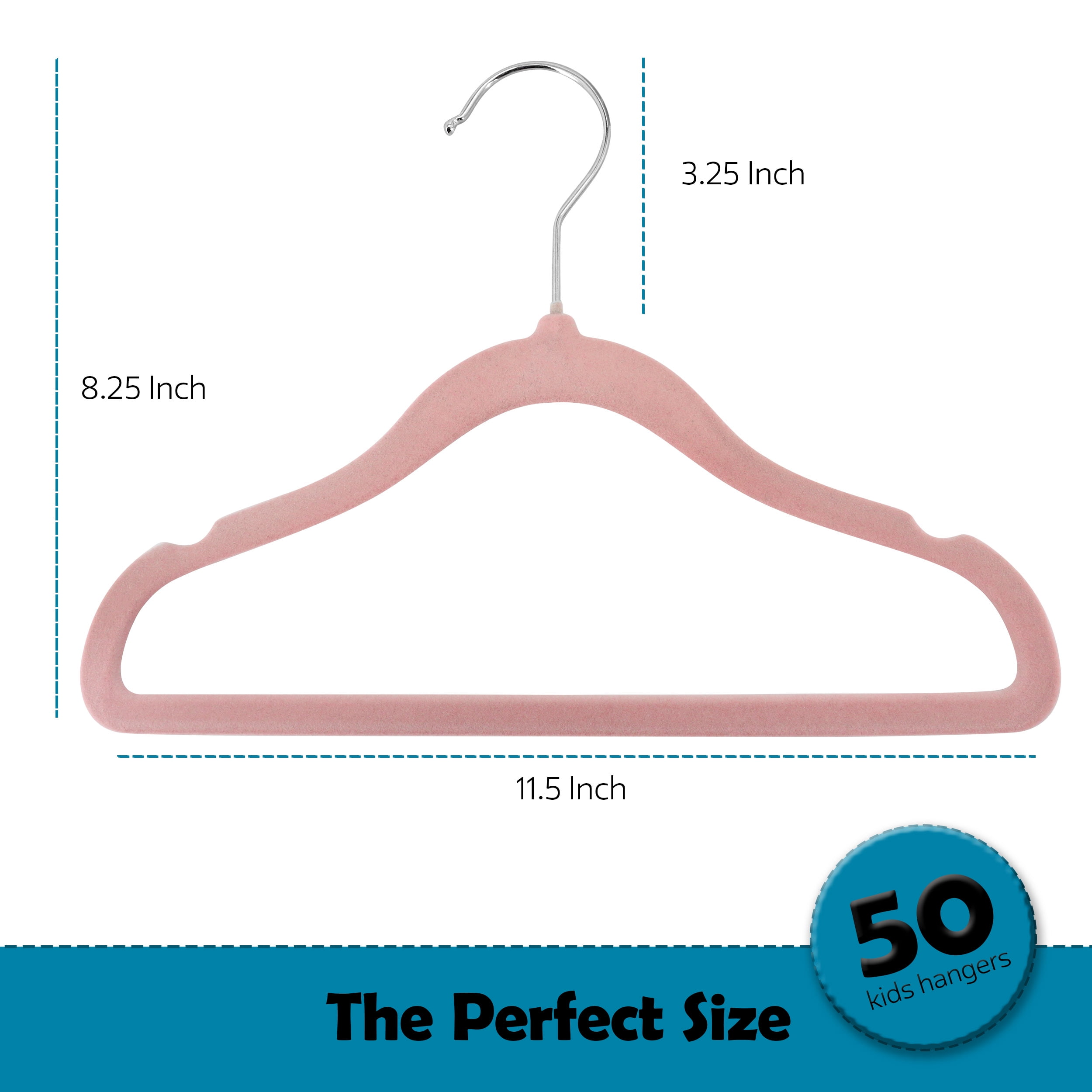 Elama Kids Basics 50 Pack Non-Slip Velvet Space Saving Notched Shoulder Clothes Hangers for Toddler, Baby & Kids Clothing with 360° Swivel Hooks, Slim Design  in Pink