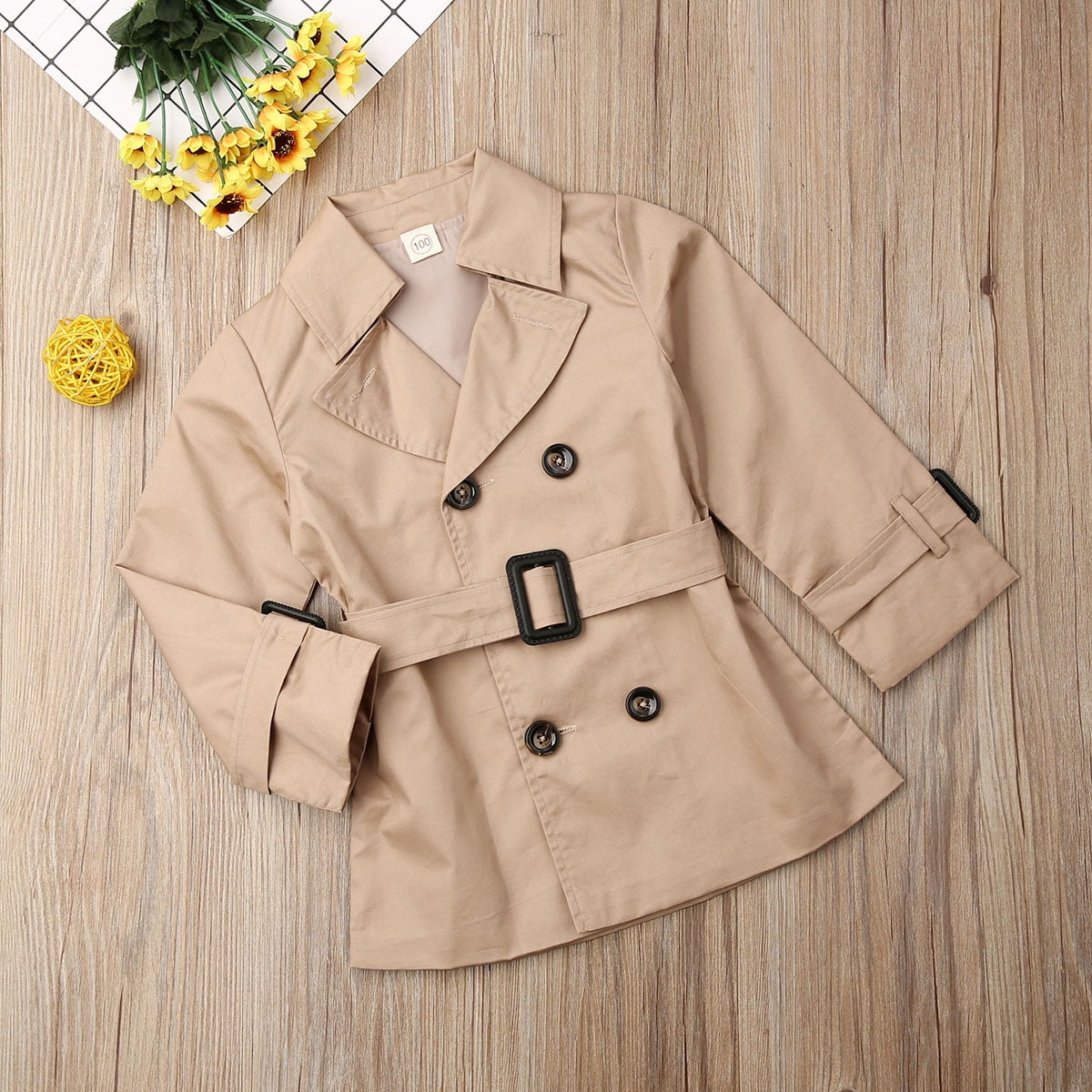 Toddler Girl Double Breasted Lapel Collar Pocket Design Khaki Coat