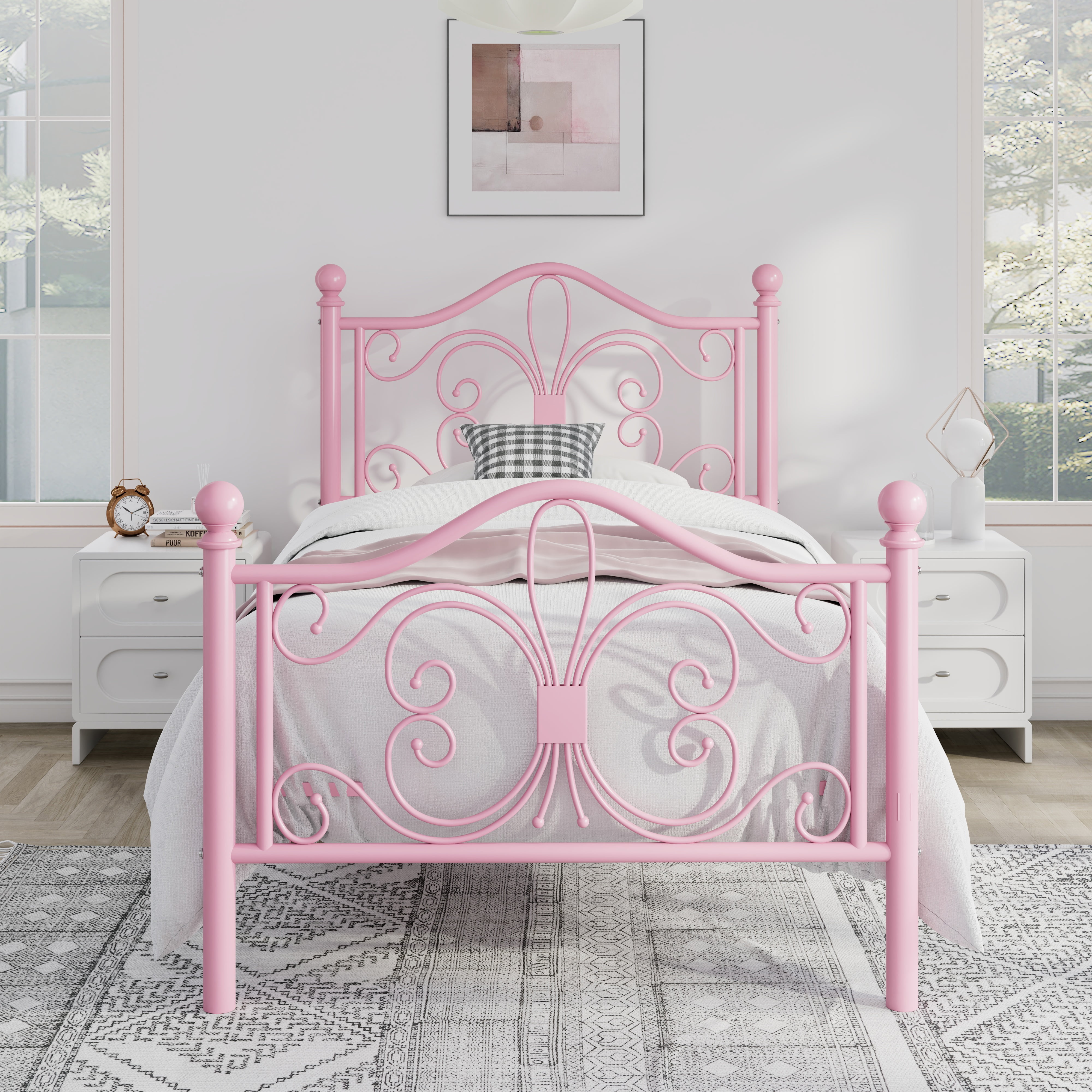 Sha Cerlin Twin Size Metal Platform Bed Frame with Victorian Vintage Butterfly Headboard&Footboard, Pink