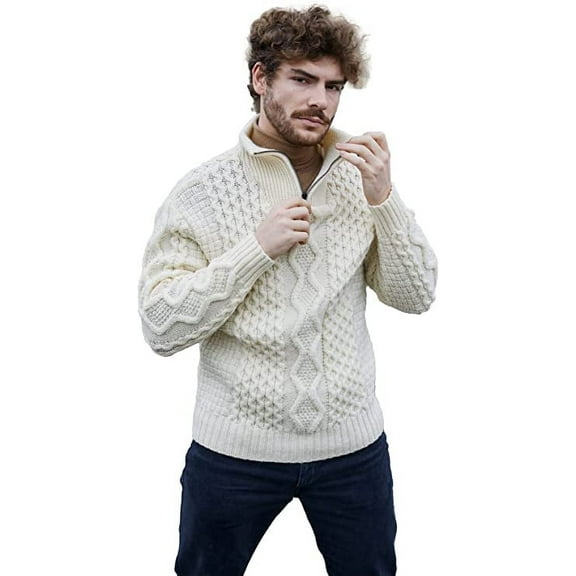 SAOL Aran Irish Fisherman Sweater Men's 100% Merino Wool Zip Neck Cable Knit Cardigan Made in Ireland