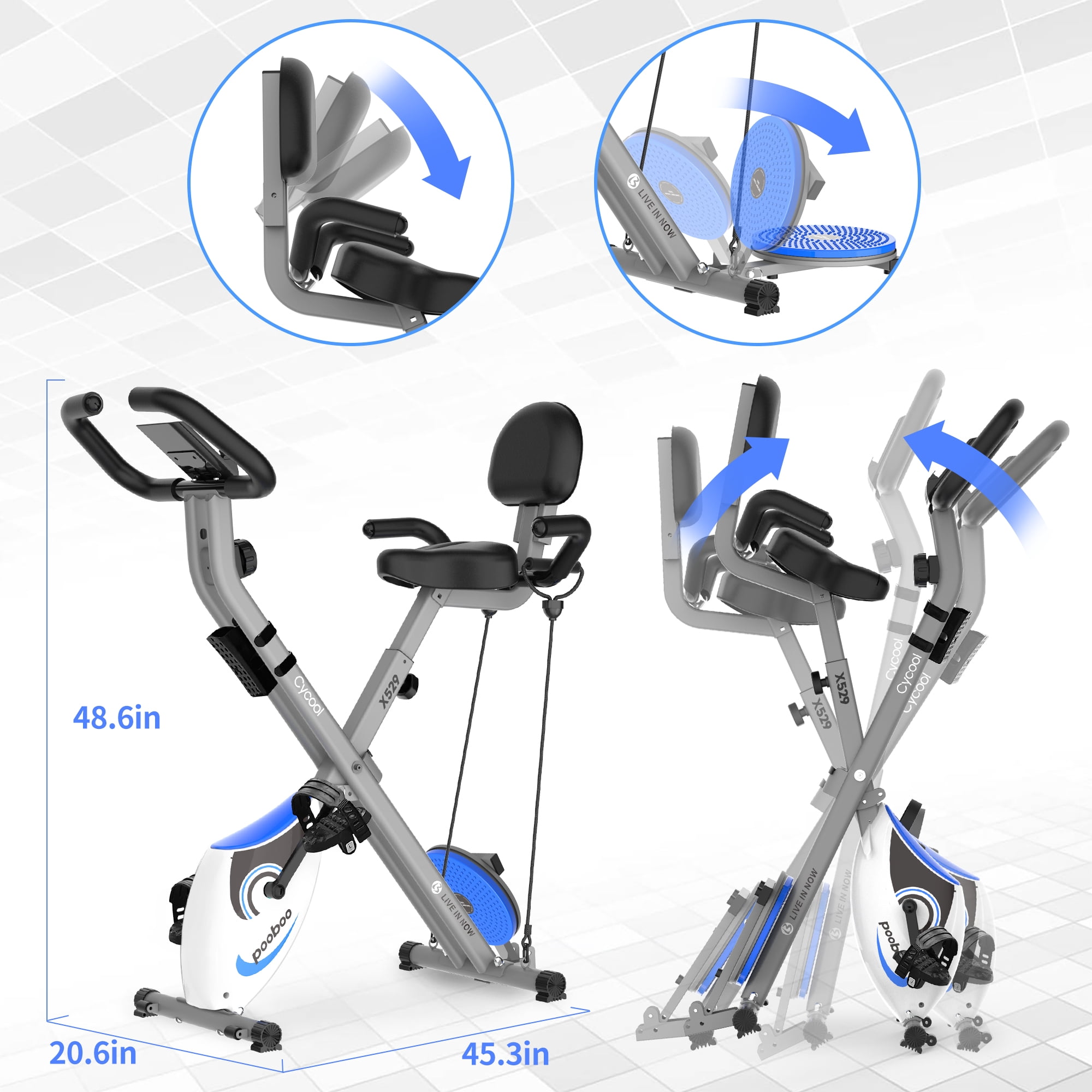 Pooboo Foldable Exercise Bike Magnetic Indoor Cycling Bike 3 in 1 Stationary Bike 220 lbs Capacity