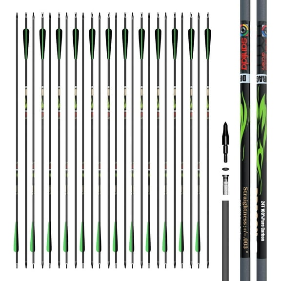 sanlida 24 PCs, 100% Pure Carbon, 0.003'' Straightness, Dragon 9 Flagship 24T Carbon Hunting Arrows for Compound Bow, Professional Standard Hunting Arrows with Removable Tips