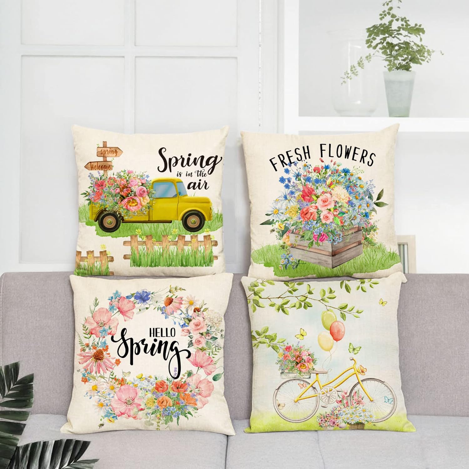 Spring Throw Pillow Covers 18x18 Set of 4 Floral Pillow Covers Spring Summer Decorative Pillow Covers Truck Biycle Flower Cushion Covers Pillow Cases for Home Outdoor Sofa Couch Decorations (18 inch)