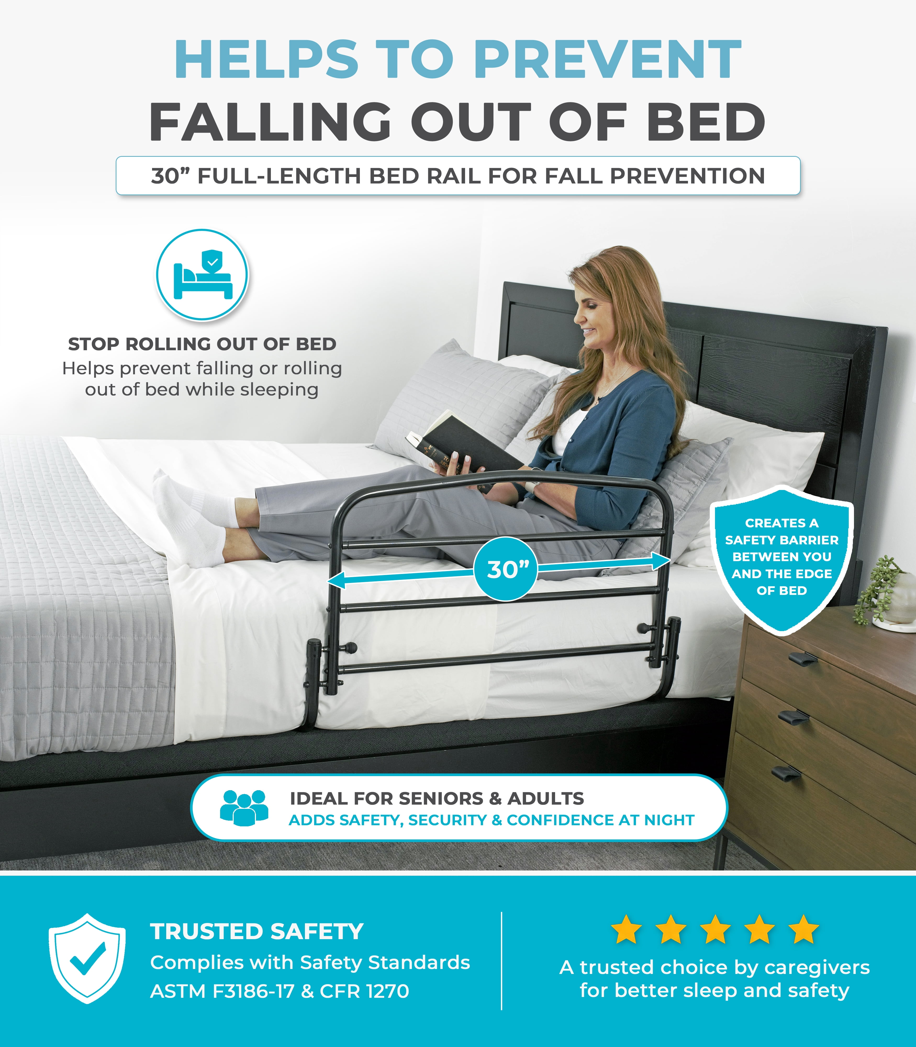 Stander 30 inch Safety Bed Rail, Folding Guardrail for Adults, Seniors, and Elderly, Bedside Stand Assist Bar, Fits King, Queen, Full, and Twin Beds, ASTM Safety Approved Bedrail