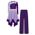 thumbnail image 4 of YiZYiF Kids Girls Worship Praise Dance Outfit 2-Piece Printed Irregular Liturgical Dress with Wide Leg Pants Set Purple 16, 4 of 6