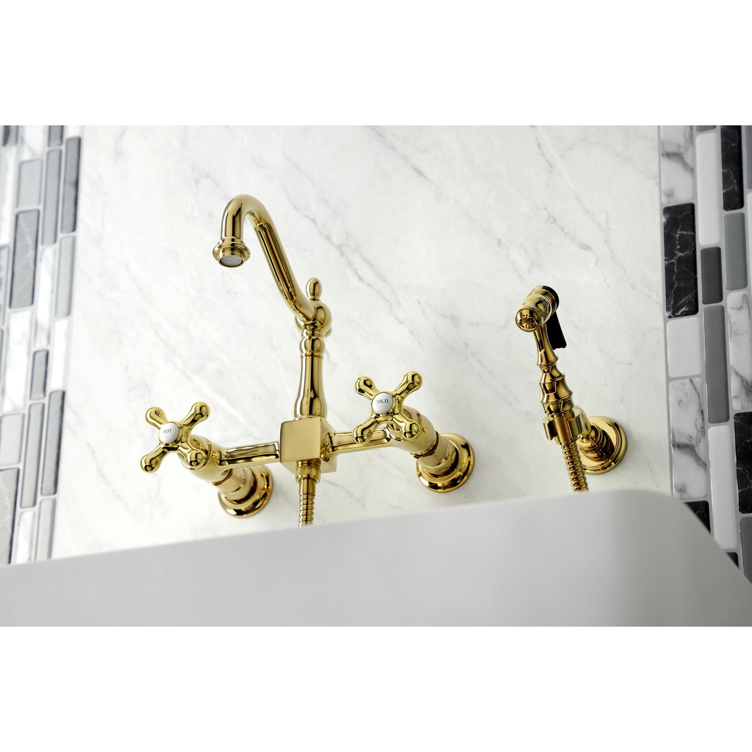 Kingston Brass KS1262AXBS Heritage Wall Mount Bridge Kitchen Faucet with Brass Sprayer, Polished Brass