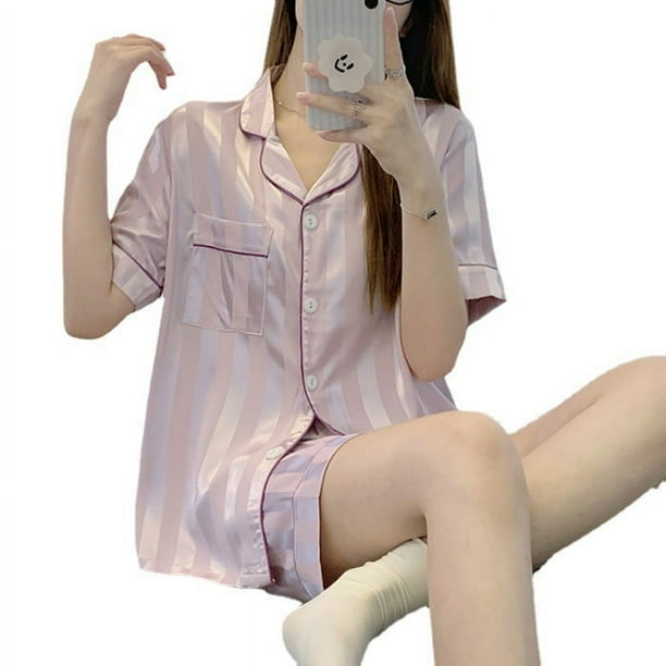 Pijama de seda de hielo para mujer, traje de dos piezas fino de verano de manga corta de seda artificial para el hogar