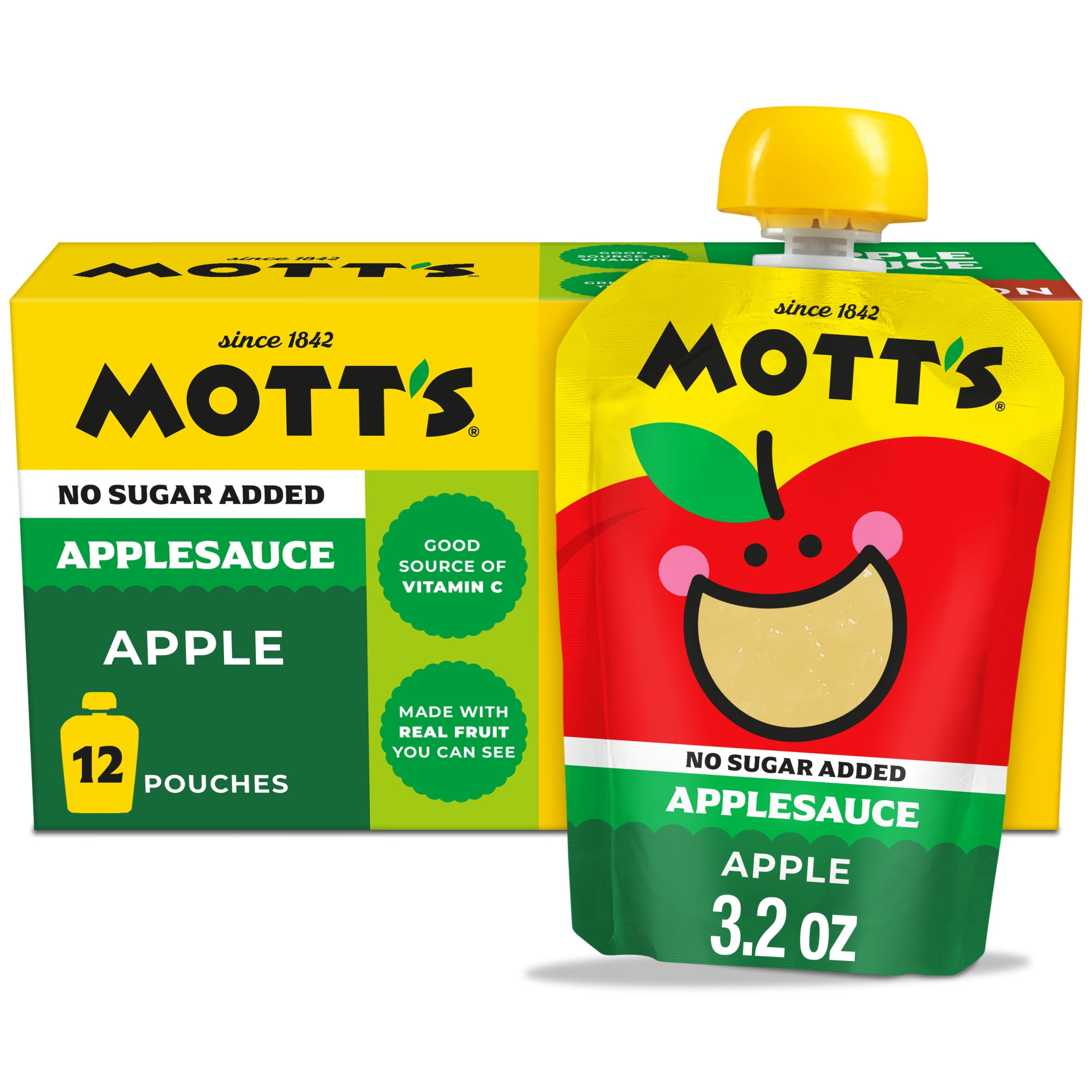 (4 pack) Mott's No Sugar Added Applesauce, 3.2 oz, 12 Count Clear Pouches
