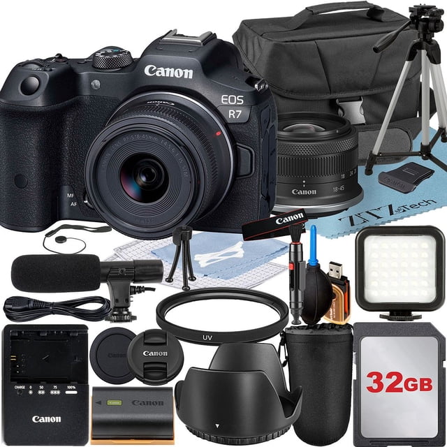 Canon EOS R7 Mirrorless Camera with RF-S 18-45mm Lens + 32GB Memory Card + Case + LED Flash + ZeeTech Accessory Bundle