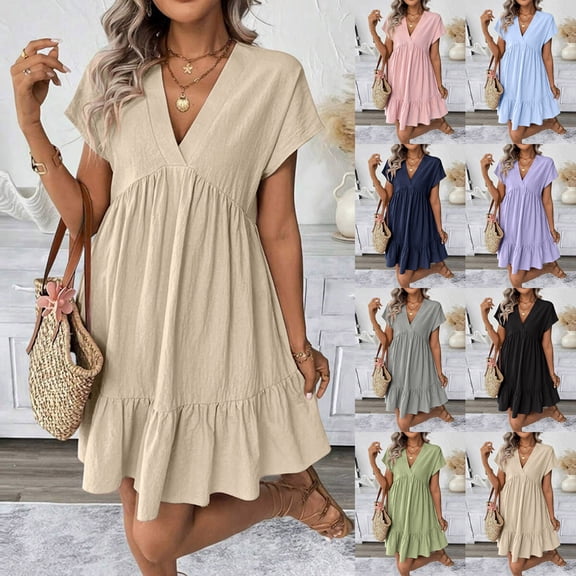 cocolona Womens Summer V Neck Short Sleeve Mini Dress Ruffle Flowy Linen Dress Casual Beach Vacation Sundress