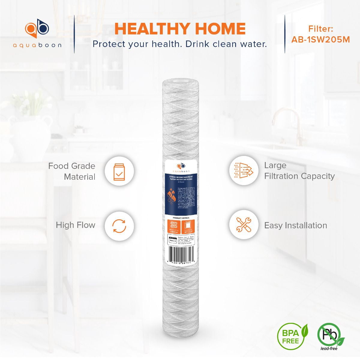 Aquaboon 5 Micron 20" x 2.5" String Wound Sediment Water Filter Cartridge | Universal Replacement for Any 20 inch RO Unit | Compatible with 101-230, PD-5-20, AP110-2C, P5-20, CFS124-C20, 25-Pack