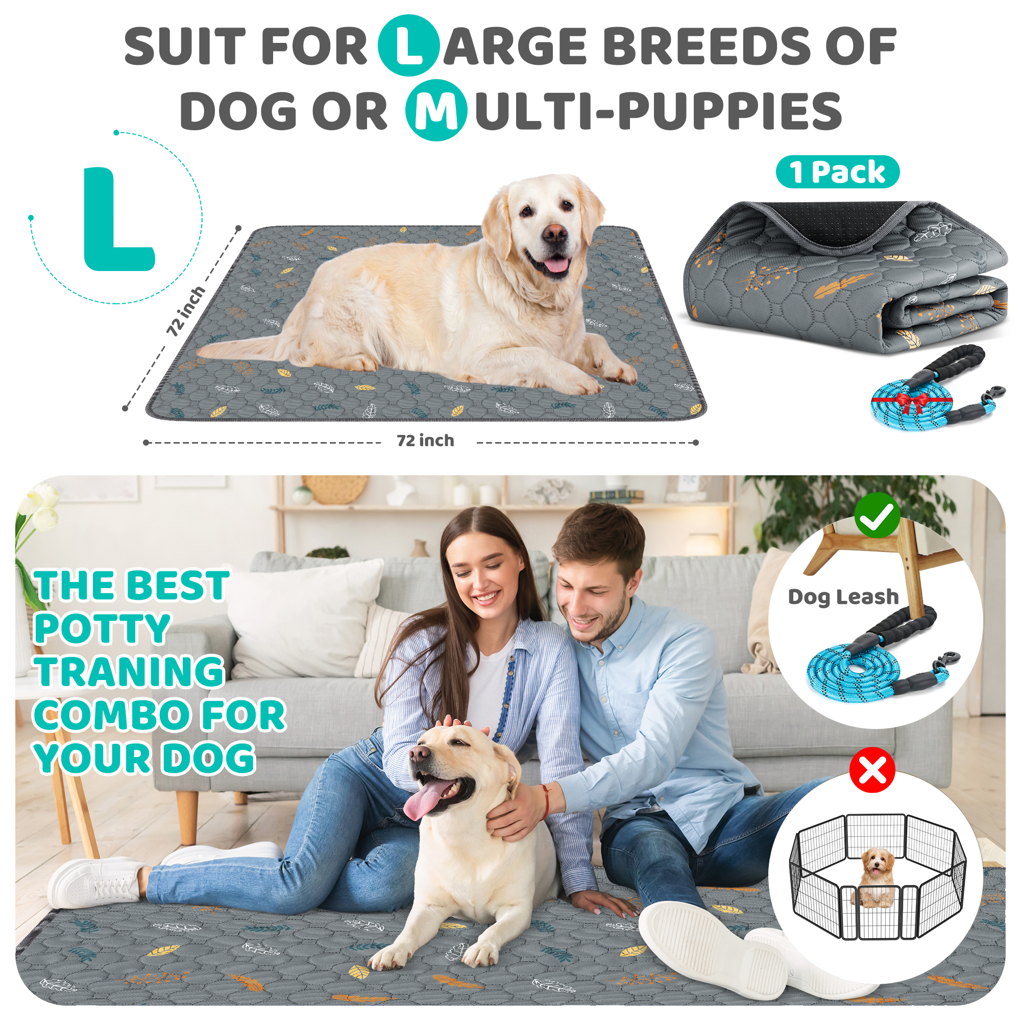 Washable Pee Pads for Dogs, 1 PACK 72" x 72" Reusable Puppy Pads Non-Slip Pet Leaf Pattern Training Pads, Super Absorbent Whelping Pads for Playpen, Potty, Crate, Bed (with 60''L Dog Leash)