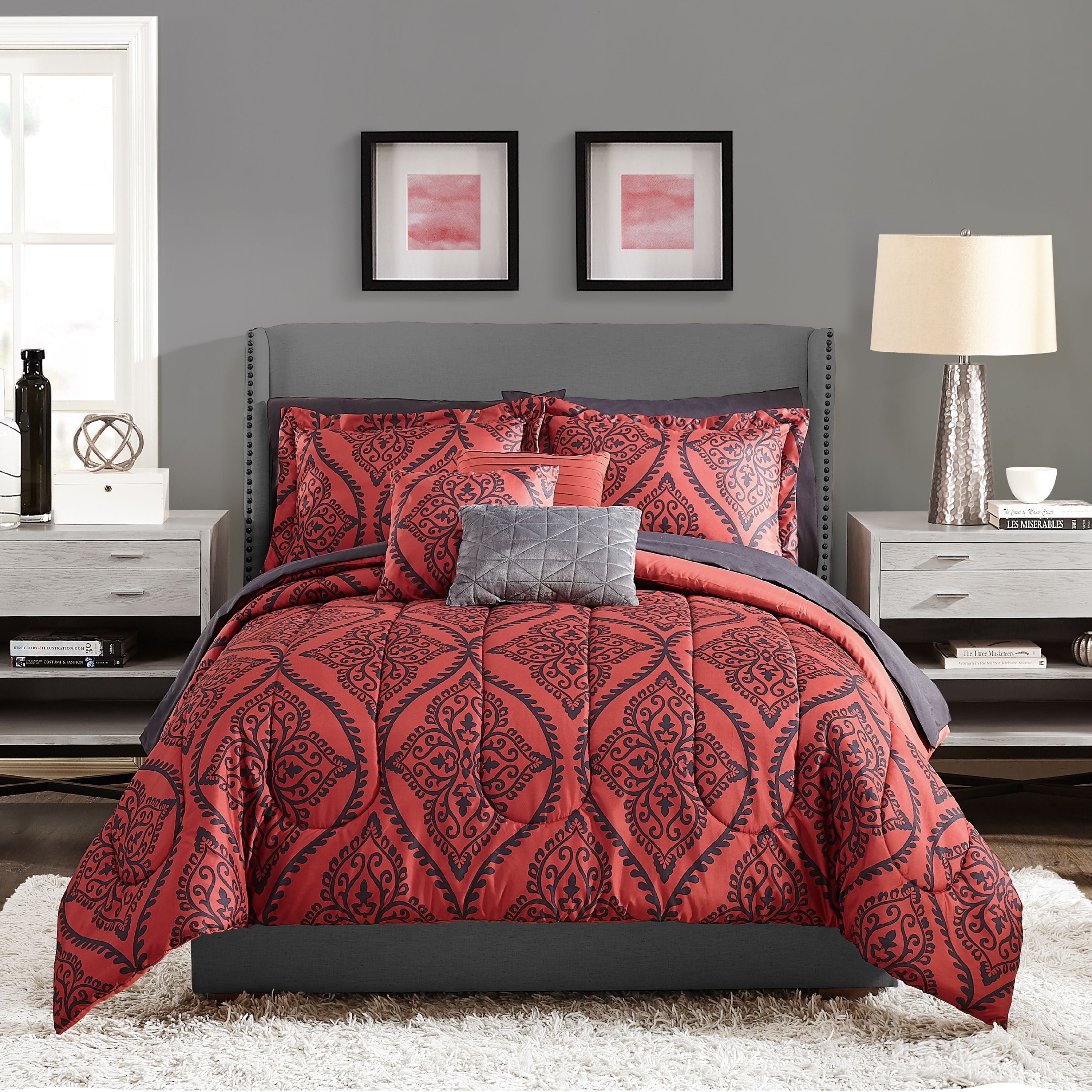 Mainstays Red and Black Damask 10 Piece Bed in a Bag King Comforter Set With Sheets