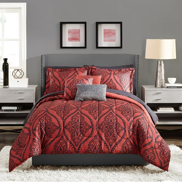 Mainstays Red And Black Damask Bed In A Bag King Bedding Set Walmart Com Walmart Com