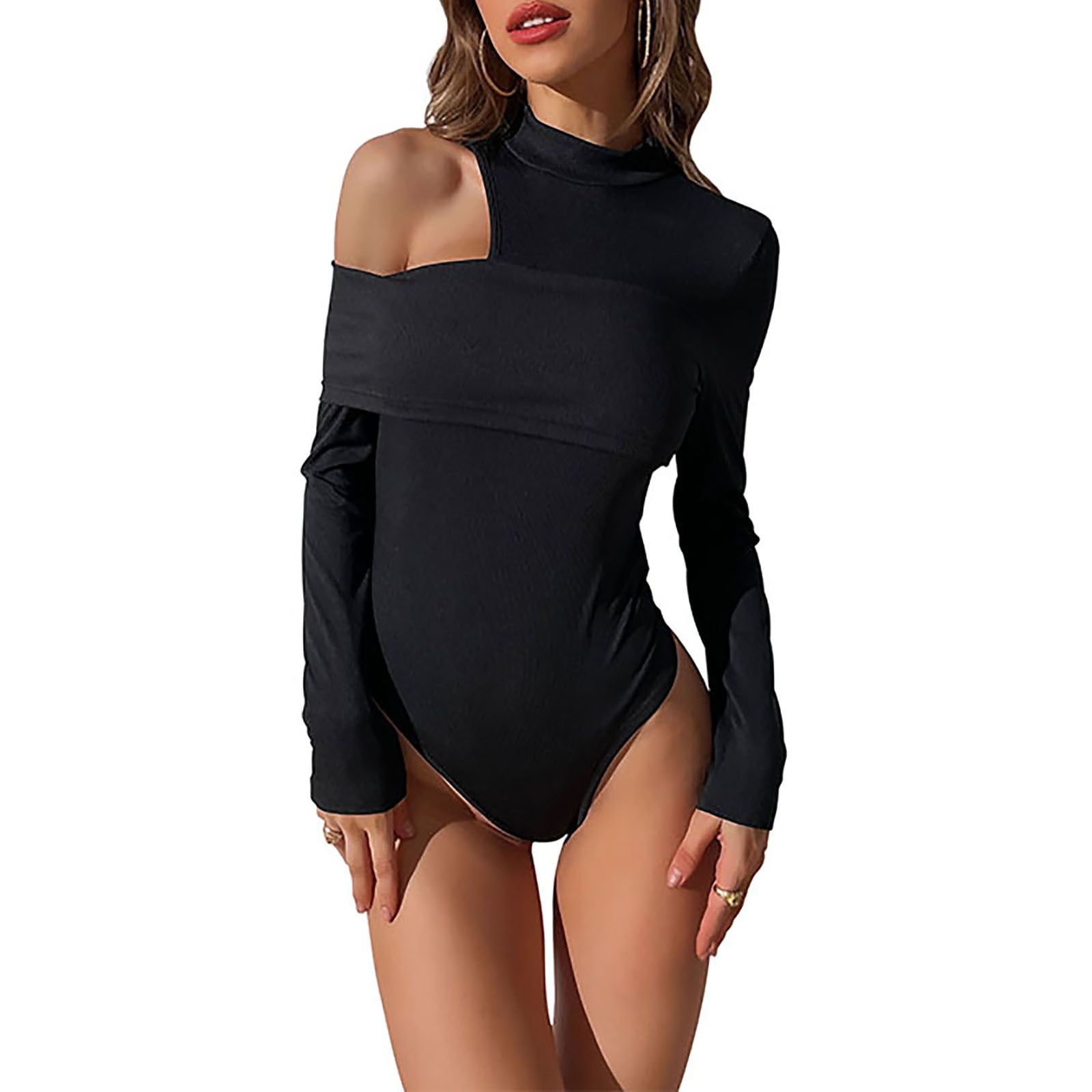 Women's Mock Neck Sexy Bodysuit Trendy off Shoulder Stretch Long Sleeve One  Piece Slim Fit Jumpsuit Tops Tee Shirt Ladies Clothes 