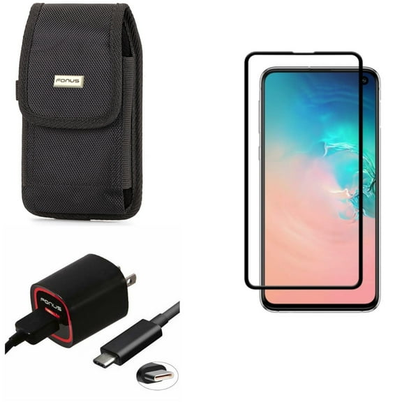 Galaxy S10e Home Charger w Case Belt Clip w Screen Protector - Fast 18W USB Cable 6ft TYpe-C, Swivel Holster Rugged, Tempered Glass 5D Curved Edge for Samsung Galaxy S10e Phone