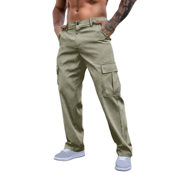 Enjoytime Cargo Pants for Men Solid Color Button Waist Straight Trousers Outdoor Casual Workout Pants for Men Green S
