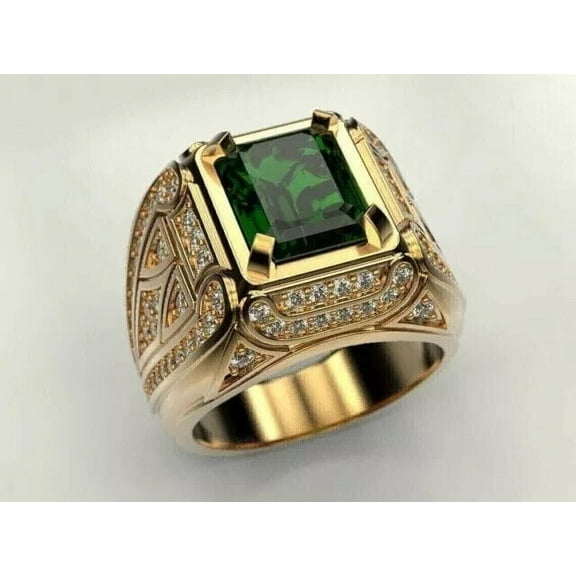 3Ct Emerald Cut Simulated Green Emerald Men's Wedding Band Ring 14k Yellow Gold Plated