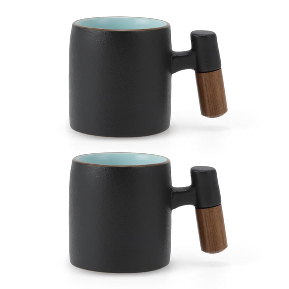 Unique Bargains 2.5oz Ceramic Espresso Cups with Wooden Handle Porcelain Espresso Shot Cups Set of 2 Demitasse Cups for Coffee or Tea Black