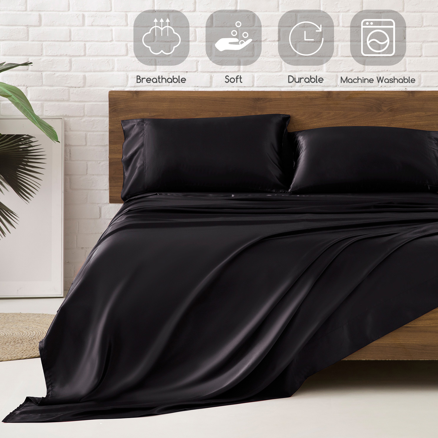 MR&HM 4-Piece Satin Queen Sheet Set, Black photo 5